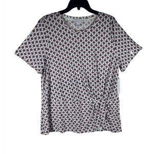 Liz‎ Claiborne Blouse 2XL White & Pink Patterned Short Sleeve Top With Side Knot